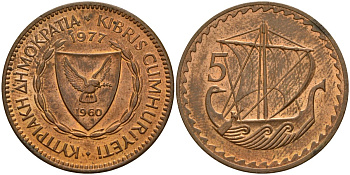 Кипр 5 милей 1977 Елизавета II (1953-) KM 39 бронза 4159-744