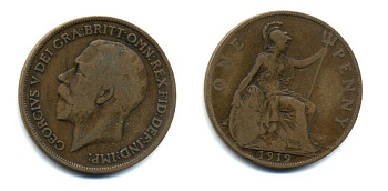 Великобритания 1 пенни 1919 Георг V (1910-1936) КМ 810, Spink 4051 бронза 47-213