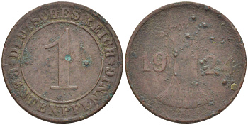 Германия 1 рентенпфенниг 1924 A KM 30, J. 306, Weege 1 бронза 4181-512