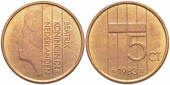 НИДЕРЛАНДЫ 5 ЦЕНТОВ 1983 БЕАТРИКС KM 202 бронза UNC 3856-522