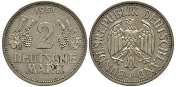 ФРГ 2 марки 1951 F J 386, KM 111 медно-никель плакированный никелем 1515-2311