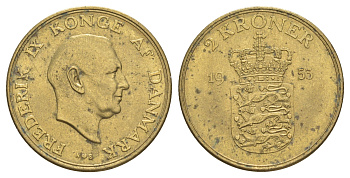 Дания 2 кроны 1953 N, Фредерик IX (1947-1972) KM 838 алюминиевая бронза aUNC 4634-534