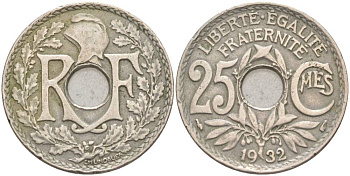 ФРАНЦИЯ 25 САНТИМОВ 1932 ТИП LINDAUER KM 867a, LE FRANC 171.16 медно-никель 55-154