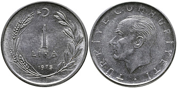 Турция 1 лира 1975 Мустафа Кемаль Ататюрк KM 889а.2 нержавеющая сталь 4178-1043
