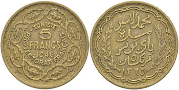 ТУНИС 5 ФРАНКОВ 1946 АН1365, MUHAMMAD al-AMIN BEY KM 273 алюминиевая бронза 4526-136