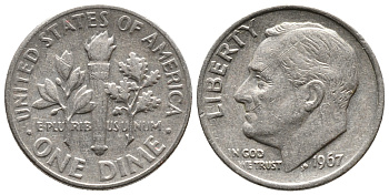 США 10 центов (дайм) 1967 Рузвельт KM 195а медь плакированная медно-никелем 73-212