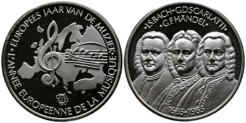 БЕЛЬГИЯ МЕДАЛЬ 1985 МЕЖДУНАРОДНЫЙ ГОД МУЗЫКИ, БАХ, СКАРЛАТТИ, ГЕНДЕЛЬ , ДИАМЕТР 30 ММ., ВЕС 12 ГР. серебро PROOF 00-000-00