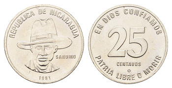 Никарагуа 25 сентаво 1981 KM 51 сталь плакированная никелем UNC 4666-746