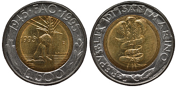 Сан-Марино 500 лир 1995 FAO, 50 лет организации KM 330 биметалл UNC M22-05