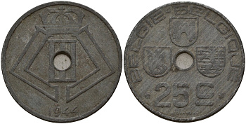 Бельгия 25 сантимов 1944 Belgie - Belgique, Леопольд III (1934-1947), германская оккупация, Вторая мировая война KM 132 цинк 4157-633