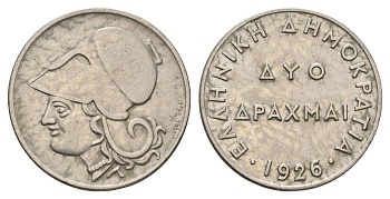 Греция 2 драхмы 1926 Афина в коринфском шлеме, год-тип KM 70 медно-никель 4670-126