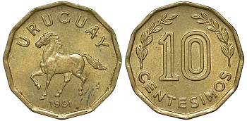 Уругвай 10 сентесимо 1981 KM 66 алюминиевая бронза 4169-539