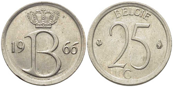 Бельгия 25 сантимов 1966 Belgie, Бодуэн I (1951-1993) KM 154.1 медно-никель 116-951