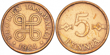 ФИНЛЯНДИЯ 5 ПЕННИ 1964 KM 45 медь 4547-1031