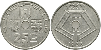 БЕЛЬГИЯ 25 САНТИМОВ 1938 BELGIQUE-BELGIE, ГЕРМАНСКАЯ ОККУПАЦИЯ, ВТОРАЯ МИРОВАЯ ВОЙНА KM 114.1 никель латунь 94-831