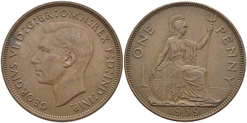 Великобритания 1 пенни 1939 Георг VI (1936-1952) КМ 845, Spink 4114 бронза 115-346