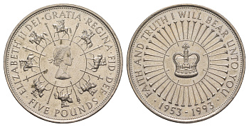 Великобритания 5 фунтов 1993 40 лет правления Елизаветы II KM 962, Spink L2 медно-никель UNC 4537-631