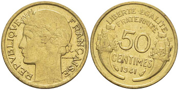 Франция 50 сантимов 1941 тип Морлон KM 894.1, Le Franc 192.18 алюминиевая бронза 201-858