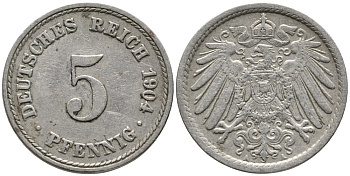 ГЕРМАНИЯ 5 ПФЕННИГОВ 1904 А, KM 11, J. 12 медно-никель 100-622