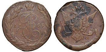 Россия 5 копеек 1769 ЕМ, Екатерина II (1762-1796), Орел образца 1770-1777 Биткин 617 медь 1103-4-51