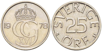 Швеция 25 эре 1978 U, Карл XVI Густав (1973- ) KM 851 медно-никель 4516-469