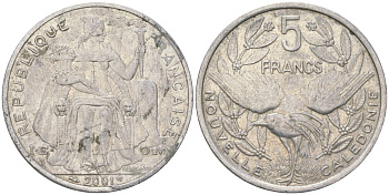 Французская Новая Каледония 5 франков 2001 птица кагу, (IEOM) KM 16, Schoen 12, Lec 81f алюминий 189-444