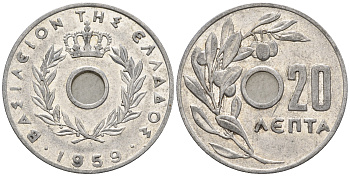 Греция 20 лепта 1959 Павел I (1947-1964), оливковая ветвь KM 79 алюминий 87-333