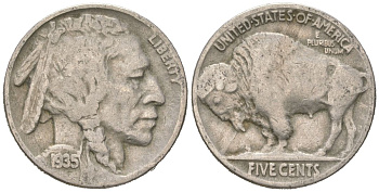 США 5 центов 1935 индеец, бизон KM 134 медно-никель 4614-1163