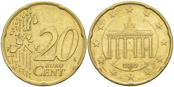 ГЕРМАНИЯ 20 ЕВРОЦЕНТОВ 2003 F KM 211 латунь 4543-522
