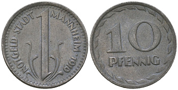 Мангейм 10 пфеннигов 1919 Funck 315.2, Men18 20355.4 железо 51-5147