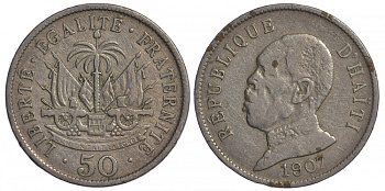 Гаити 50 сантимов 1907 Президент Пьер Нор Алексис KM 56 медно-никель 272-624