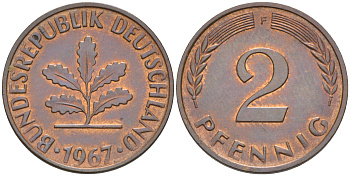 ФРГ 2 пфеннига 1967 F KM 106, J. 381 бронза 55-1221