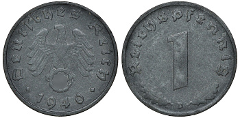 ГЕРМАНИЯ 1 РЕЙХСПФЕННИГ 1940 D J 369, KM 97 цинк 72-1651
