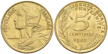 Франция 5 сантимов 1979 тип Марианна KM 933 никель алюминий медь    4594-1136