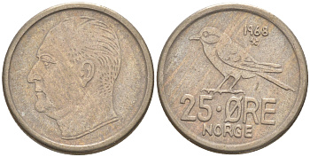 Норвегия 25 эре 1968 Улаф V (1958-1991), синица KM 407 медно-никель 187-763