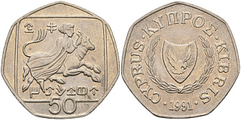 Кипр 50 центов 1991 похищение Европы KM 66 медно-никель 4141-1225