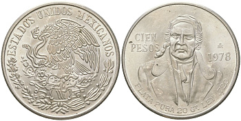 Мексика 100 песо 1978 KM 483 серебро UNC 4368-1214