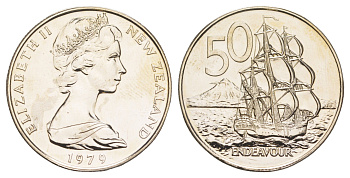 Новая Зеландия 50 центов 1979 Елизавета II (1952-2022), парусник Индевор, тираж 25.000 экземпляров KM 37 медно-никель BU 189-431