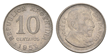 Аргентина 10 сентаво 1956 генерал Хосе де Сан Мартин KM 51 сталь плакированная никелем 4655-1018