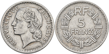 Франция 5 франков 1945 KM 888b.1, Le Franc 339.3 алюминий 4149-444