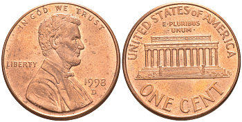 США 1 ЦЕНТ 1998 D ЛИНКОЛЬН KM 201b цинк плакированный медью UNC 187-751