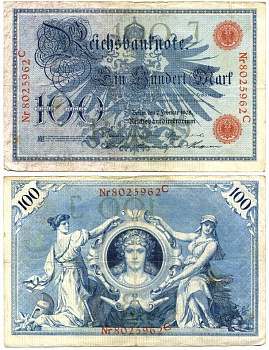 ГЕРМАНИЯ 100 МАРОК 1908 7 ФЕВРАЛЯ 1908, КРАСНАЯ ПЕЧАТЬ, ДЛИННА НОМЕРА СЕРИИ 29 ММ. Pick 33а бумага 7547-94-1