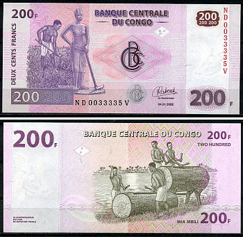 ДР Конго 200 франков 2022 работы в поле, барабанщики, Oberthur Fiduciaire, France Pick 99B  бумага  UNC (пресс) 449-76-2