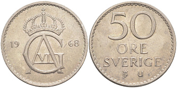 Швеция 50 эре 1968 U, Густав VI Адольф(1950-1973) KM 837 медно-никель 219-937