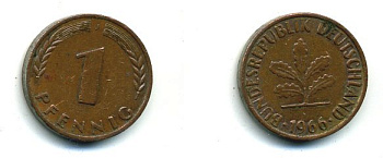 ФРГ 1 ПФЕННИГ 1966 J KM 105, J.380 сталь плакированная медью 46-118