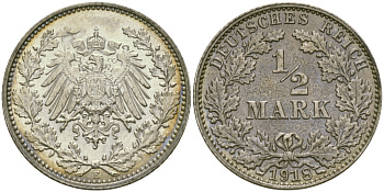 ГЕРМАНИЯ 1/2 МАРКИ 1918 E J. 16, KM 17 серебро UNC 65-257