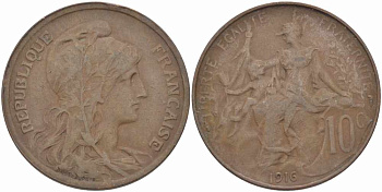 ФРАНЦИЯ 10 САНТИМОВ 1916 ТИП ДАНИЭЛЬ ДЮПЮИ KM 843, LA FRANC 136.27 бронза 109-415