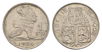 Бельгия 1 франк 1939 Belgie - Belgique KM 120 никель 4119-1212