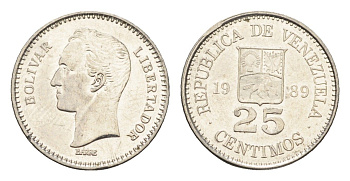 Венесуэла 25 сентимо 1989 Симон Боливар Y 50a сталь плакированная никелем aUNC 4664-655