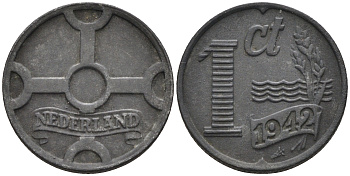 Нидерланды 1 цент 1942 Вильгельмина (1890-1948) KM 170 цинк    4169-162